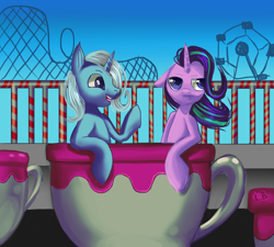 Size: 3612x3252 | Tagged: safe, artist:trojan-pony, derpibooru import, starlight glimmer, trixie, pony, unicorn, amusement park, cup, cute, female, mare, open mouth, ride, starlight is not amused, teacup, that pony sure does love teacups, unamused