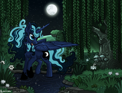 Size: 850x650 | Tagged: safe, artist:ithlini, princess luna, alicorn, pony, forest, moon, night, river, smiling, solo, stream