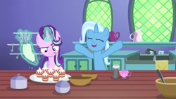 Size: 1920x1080 | Tagged: safe, derpibooru import, screencap, starlight glimmer, trixie, pony, all bottled up, teacakes