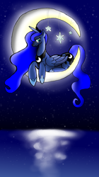 Size: 1679x3000 | Tagged: safe, artist:evaworld, princess luna, alicorn, pony, moon, prone, solo, tangible heavenly object, water