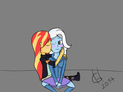 Size: 1024x768 | Tagged: safe, artist:goldhajik, derpibooru import, sunset shimmer, trixie, equestria girls, blushing, female, gray background, hug, kissing, lesbian, shipping, simple background, suntrix