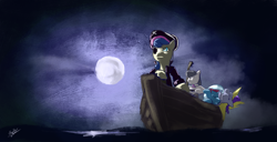 Size: 2800x1429 | Tagged: safe, artist:remenbrand, derpibooru import, bon bon, derpy hooves, octavia melody, sweetie drops, trixie, earth pony, pony, bipedal, cello, eyepatch, moon, musical instrument, night, ocean, pirate, ship, shipwrecked