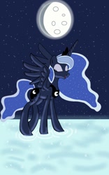 Size: 800x1280 | Tagged: safe, artist:theroyalprincesses, princess luna, alicorn, pony, eyes closed, moon, night, ocean, solo, spread wings