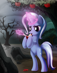 Size: 1000x1280 | Tagged: safe, artist:dcencia, derpibooru import, trixie, pony, apple, bipedal