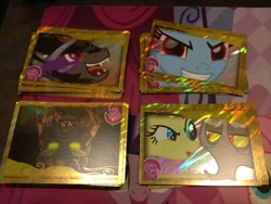 Size: 960x720 | Tagged: safe, derpibooru import, discord, fluttershy, king sombra, trixie, pegasus, pony, timber wolf, unicorn, card, trading card