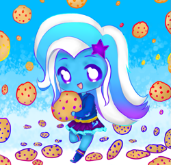 Size: 777x750 | Tagged: safe, artist:millioncookies, artist:starwantrix, derpibooru import, trixie, collaboration, equestria girls, adorkable, chibi, colorful, cookie, cute, diatrixes, dork, food, rain, solo