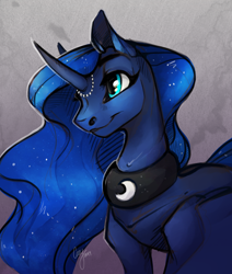 Size: 2200x2600 | Tagged: safe, artist:casynuf, princess luna, alicorn, pony, curved horn, horn jewelry, jewelry, portrait, smiling, solo