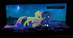 Size: 1279x667 | Tagged: safe, artist:autumndeer, fluttershy, princess luna, alicorn, butterfly, pegasus, pony, crescent moon, dialogue, female, lesbian, lunashy, moon, night, prone, shipping, smiling, spanish, watching