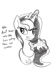 Size: 500x679 | Tagged: safe, artist:tsitra360, princess luna, alicorn, pony, cookie, eating, licking lips, monochrome, solo