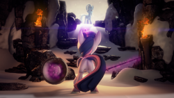 Size: 4000x2250 | Tagged: safe, artist:redaceofspades, derpibooru import, trixie, twilight sparkle, twilight sparkle (alicorn), alicorn, pony, unicorn, 3d, cave, duo, featureless crotch, female, fire, imminent fight, looking at each other, magic, mare, plot, rear view, shield, snow, snowfall, source filmmaker, sword, torch, weapon