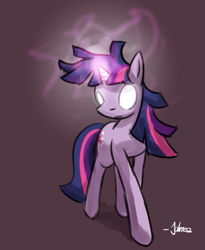 Size: 500x609 | Tagged: safe, artist:johnnoz, derpibooru import, twilight sparkle, pony, unicorn, female, glowing eyes, glowing horn, horn, mare, messy mane, signature, simple background, solo