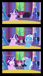 Size: 1172x2075 | Tagged: safe, artist:megaanimationfan, derpibooru import, starlight glimmer, trixie, pony, unicorn, all bottled up, beauty and the beast, chip, comic, crossover, cup, disney, female, floppy ears, mare, mug, shocked, shrunken pupils, signature, teacup, that pony sure does love teacups, twilight's castle, wide eyes