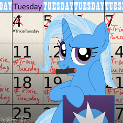 Size: 1000x1000 | Tagged: safe, artist:bvsquare, derpibooru import, trixie, calendar, hashtag, trixie tuesday