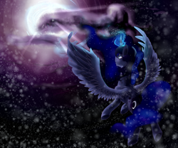 Size: 2400x2000 | Tagged: safe, artist:psychotwi, princess luna, alicorn, pony, flying, magic, moon, moonrise, solo