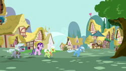 Size: 1280x720 | Tagged: safe, derpibooru import, screencap, clarity cut, granny smith, starlight glimmer, trixie, pony, all bottled up, heart, jeweler pony, mountain, nut cart, ponyville, tree