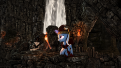 Size: 4000x2250 | Tagged: safe, artist:redaceofspades, derpibooru import, trixie, pony, unicorn, 3d, bone, broken horn, cape, cave, clothes, exploring, female, helmet, magic, mare, poster, shoes, skeleton, solo, source filmmaker, sword, torch, waterfall, weapon