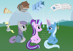 Size: 1300x900 | Tagged: safe, artist:mightyshockwave, derpibooru import, derpy hooves, maud pie, starlight glimmer, trixie, earth pony, pegasus, pony, unicorn, rock solid friendship, advertising, banner, dialogue, female, food, kite, kite flying, magic, mare, mouth hold, pizza, sitting