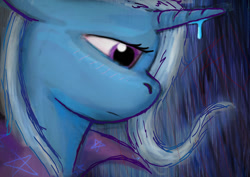 Size: 800x566 | Tagged: safe, artist:owlor, derpibooru import, trixie, rain, sad