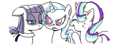 Size: 480x185 | Tagged: safe, artist:foudubulbe, derpibooru import, edit, maud pie, starlight glimmer, trixie, earth pony, pony, unicorn, comic:damp rocks, cropped, female, hilarious in hindsight, jealous, lesbian, looking at each other, mare, mauxie, out of context, shipping, simple background, smiling, suggestive source, white background