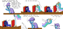 Size: 3600x1680 | Tagged: safe, artist:hoofclid, derpibooru import, princess celestia, princess luna, trixie, alicorn, pony, unicorn, celestia is not amused, comic, dialogue, female, illusion, impossibly long neck, laughing, long neck, magic, mare, princess necklestia, stretching, this will end in tears and/or a journey to the moon, trick, unamused, wat