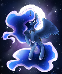 Size: 1439x1723 | Tagged: safe, artist:otkurzacz, princess luna, alicorn, pony, frown, moon, princess, solo, spread wings, stars