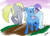 Size: 1500x1086 | Tagged: safe, artist:remenbrand, derpibooru import, derpy hooves, dinky hooves, trixie, pegasus, pony, daughter, female, lesbian, mare, mother, shipping, tripy