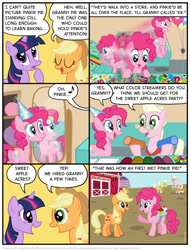 Size: 827x1089 | Tagged: safe, artist:kturtle, derpibooru import, applejack, granny smith, pinkie pie, twilight sparkle, earth pony, pony, unicorn, comic:the story of granny pie, accent, applejack's hat, cherry, cherry on top, comic, cowboy hat, cupcake, dialogue, eyes closed, food, granny pie, hat, looking at each other, mirror, music notes, party hat, raised hoof, smiling, sweet apple acres
