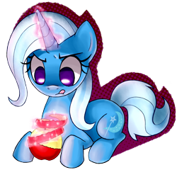 Size: 2500x2500 | Tagged: safe, artist:gatodelfuturo, derpibooru import, trixie, pony, unicorn, apple, female, licking lips, magic, mare, peeling, pixiv, prone, simple background, solo, tongue out, transparent background