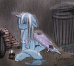 Size: 1400x1250 | Tagged: safe, artist:gamermac, derpibooru import, trixie, alley, homeless, rain, sad, wet mane