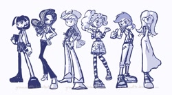 Size: 1200x661 | Tagged: safe, artist:grimarionette, derpibooru import, applejack, fluttershy, pinkie pie, rainbow dash, rarity, twilight sparkle, breasts, clothes, delicious flat chest, dress, flattershy, humanized, line-up, mane six, monochrome, shoes, sketch, skinny, skirt, sneakers