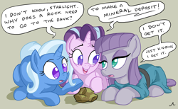 Size: 3900x2400 | Tagged: safe, artist:docwario, derpibooru import, maud pie, starlight glimmer, trixie, earth pony, pony, unicorn, rock solid friendship, dialogue, female, joke, mare, no pupils, simple background