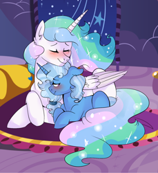 Size: 1200x1308 | Tagged: safe, artist:soft-arthropod, derpibooru import, princess celestia, trixie, alicorn, pony, unicorn, alternate hairstyle, blushing, cuddling, derpyluna daily, eyes closed, female, lesbian, mare, missing accessory, prone, shipping, smiling, trixlestia