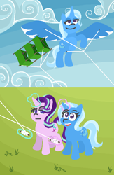 Size: 520x800 | Tagged: safe, artist:threetwotwo32232, derpibooru import, starlight glimmer, trixie, alicorn, pony, rock solid friendship, alicornified, comic, happy, kite, kite flying, magic, narcissism, race swap, starlight is not amused, that pony sure does love kites, trixiecorn, unamused