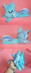 Size: 850x1956 | Tagged: safe, artist:silkencat, derpibooru import, trixie, beanie (plushie), filly, irl, photo, plushie, sleeping