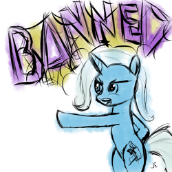 Size: 1400x1400 | Tagged: safe, artist:supermeatbrony, derpibooru import, trixie, pony, unicorn, banned, bipedal, female, mare, reaction image, simple background, solo, white background