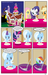 Size: 792x1224 | Tagged: safe, artist:dekomaru, derpibooru import, applejack, fluttershy, rainbow dash, rarity, trixie, twilight sparkle, earth pony, pegasus, pony, unicorn, comic:the greatest gift, :t, cake, comic, female, food, fork, lesbian, lightly watermarked, magic, mare, punch, punch (drink), punch bowl, sad, shipping, sugarcube corner, twixie, watermark