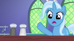 Size: 1280x720 | Tagged: safe, derpibooru import, screencap, trixie, pony, all bottled up, pepper shaker, salt shaker, solo