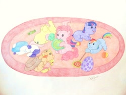 Size: 640x480 | Tagged: safe, artist:dordtchild, derpibooru import, applejack, fluttershy, pinkie pie, rainbow dash, rarity, twilight sparkle, earth pony, pegasus, pony, unicorn, :p, :t, babity, baby, baby dash, baby pie, baby pony, babyjack, babylight sparkle, babyshy, candy, cute, daaaaaaaaaaaw, drool, egg, filly, foal, hat, lollipop, mane six, nom, on back, open mouth, pillow, prone, rolling, rug, smiling, tongue out, traditional art