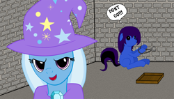 Size: 1634x930 | Tagged: safe, artist:fallentng, derpibooru import, trixie, oc, blank flank, dungeon