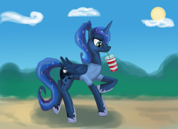 Size: 877x637 | Tagged: safe, artist:sadlylover, princess luna, alicorn, pony, alternate hairstyle, clothes, luna's shirt, ponytail, soda, solo, summer, sunshine, t-shirt