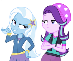 Size: 2280x1912 | Tagged: safe, artist:little903, derpibooru import, starlight glimmer, trixie, equestria girls, mirror magic, spoiler:eqg specials, base used, beanie, crossed arms, hat, simple background, white background