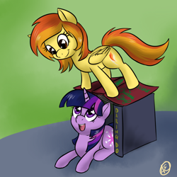 Size: 800x800 | Tagged: safe, artist:spittfireart, derpibooru import, spitfire, twilight sparkle, book fort, filly, foal, twifire