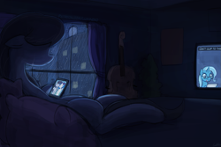 Size: 1125x750 | Tagged: safe, artist:lumineko, derpibooru import, octavia melody, trixie, earth pony, pony, blank eyes, cellphone, crying, feels, female, i can't clop to this, mare, news, night, patreon, phone, rain, sad, solo, window