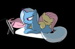 Size: 917x602 | Tagged: safe, artist:theparagon, derpibooru import, fluttershy, trixie, pegasus, pony, female, lesbian, levitation, magic, shipping, sleeping, tablet, trixieshy