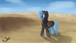 Size: 3840x2160 | Tagged: safe, artist:derpyjoel, derpibooru import, trixie, pony, unicorn, adventure, desert, female, mare, scenery, solo