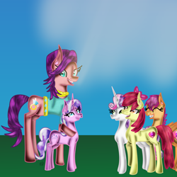 Size: 1536x1536 | Tagged: safe, artist:commandereclipse, derpibooru import, apple bloom, diamond tiara, scootaloo, spoiled rich, sweetie belle, earth pony, pegasus, pony, unicorn, apple bloom's bow, bow, cutie mark, cutie mark crusaders, daughter, eyelashes, eyes closed, female, hair, hair bow, horn, mane, milf, mother, mother and child, mother and daughter, orange eyes, orange fur, parent and child, pink fur, purple hair, purple mane, red hair, red mane, red tail, tail, white fur, wings, yellow fur