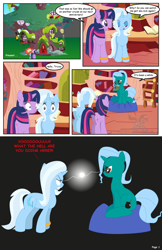 Size: 792x1224 | Tagged: safe, artist:dekomaru, derpibooru import, trixie, twilight sparkle, oc, oc:hazel lulamoon, pony, unicorn, comic:the greatest gift, book, comic, female, glasses, golden oaks library, lesbian, mare, pillow, ring, shipping, twixie, wedding ring