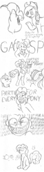 Size: 600x2344 | Tagged: safe, artist:lordfunkyfist, derpibooru import, applejack, pinkie pie, twilight sparkle, earth pony, pony, crackdown, egoraptor, monochrome