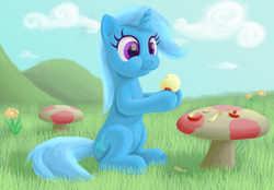 Size: 2388x1665 | Tagged: safe, artist:odooee, derpibooru import, trixie, pony, unicorn, apple, eating, female, mare, mushroom, solo