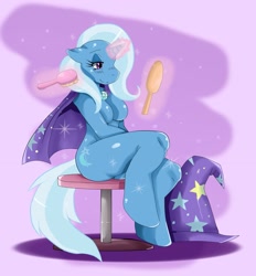 Size: 2157x2328 | Tagged: safe, artist:ss2sonic, derpibooru import, trixie, anthro, unguligrade anthro, barbie doll anatomy, breasts, brush, brushing, featureless breasts, female, grooming, levitation, magic, mirror, nudity, shipping, sitting, solo